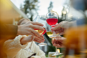 Group of people clinking glasses outdoors, celebrating together, hands visible holding glasses with juice and wine, blurred background