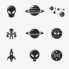 Monochromatic vector space icons set featuring alien heads, ringed planets, starry celestial bodies, and a rocket ship. Sci-fi graphics.
