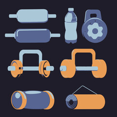 Vector illustration of essential gym and fitness workout equipment. Set includes dumbbells, kettlebell, yoga mat, foam roller, water bottle.