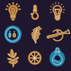 A diverse set of festive gingerbread cookie icons and symbols, featuring lightbulbs, foliage, and geometric shapes, on a dark background.