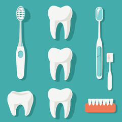 Oral Hygiene Kit with Toothbrushes and Healthy White Teeth. Flat Design Vector Illustration for Dental Care and Health Concepts.