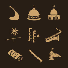 Middle Eastern Culture Icons Vector Set: Traditional Architecture, Desert Elements, Musical Instruments, Palm Tree, and Mat