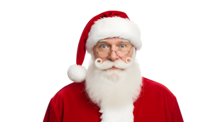 Portrait of santa claus with a white beard and mustache, wearing a red hat and suit, isolated on transparent background