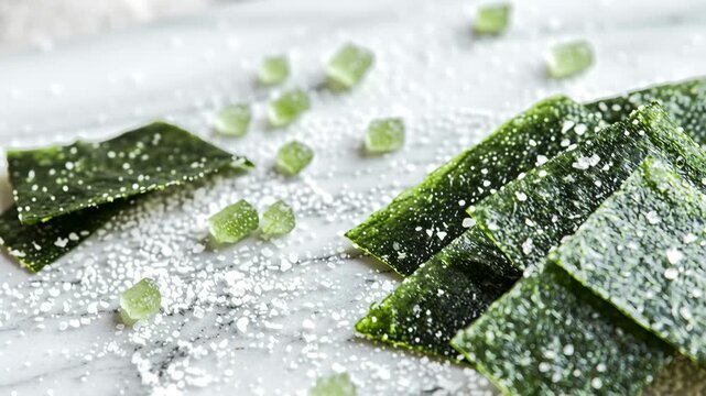 Plant-Based Seafood. Close-up of plant-based seafood, featuring vibrant green seaweed snacks sprinkled with sea salt, showcasing texture and detail, camera pans across scene