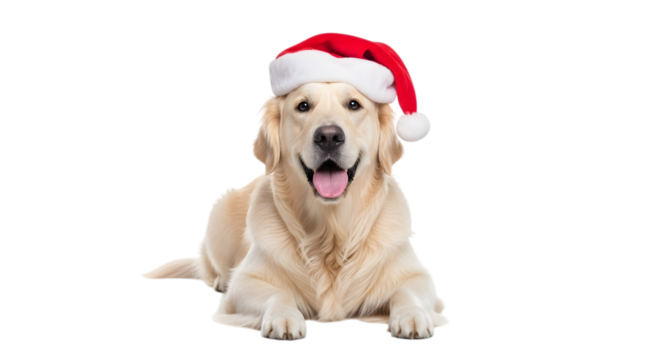 A happy golden retriever dog wearing a santa hat, lying down and looking at the camera, isolated on transparent background