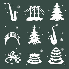 Winter holiday graphics set with Christmas trees, saxophones, bridges, and desserts. Festive vector icons on a dark background.