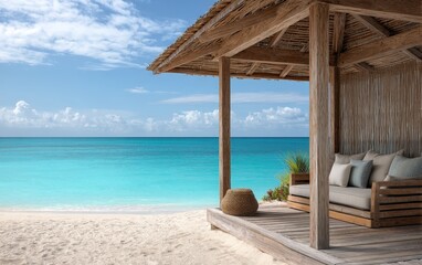 Fototapeta premium Secluded beach cabana beside clear turquoise waters at a luxury resort, captured midday to highlight premium summer travel and tropical escape themes for tourism marketing use