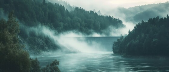 Obraz premium A hydroelectric dam surrounded by morning mist and dense forest, capturing the balance of power generation and nature conservation through sustainable energy infrastructure photography.