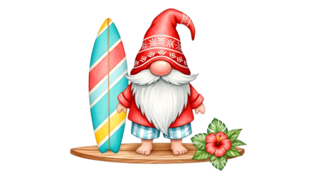 Cute cartoon gnome wearing a red hat and shorts, standing with a surfboard and a hibiscus flower, isolated on transparent background