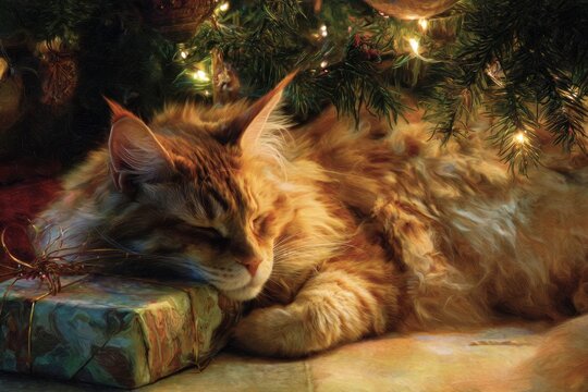  fluffy maine coone cat sleping curled up under a sparkling Christmas tree.