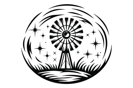 Silhouette view of a windpump and grassland under starry night sky in black and white