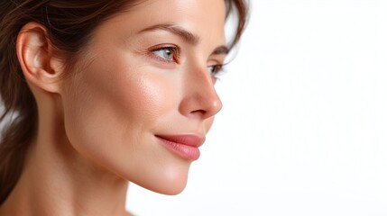 Obraz premium Pretty woman with healthy skin smiling gently banner image. Attractive female showing effects of skincare background photo copy space. Glamour promotional concept photography