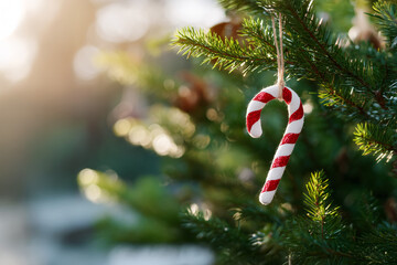 Christmas candy cane toy on a tree. Christmas or New Year background with Christmas tree decorations.