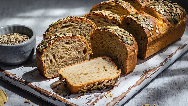Freshly baked artisan bread topped with wholesome pumpkin seeds, a delicious and healthy treat for any occasion - Powered by Adobe
