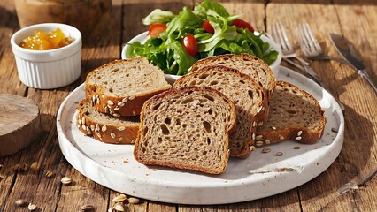 Freshly baked artisan bread slices with salad and jam on a rustic wooden table setting for breakfast or lunch