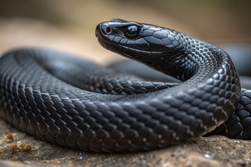 Obraz premium Close-up of a Majestic Black Snake Coiled on a Rock in Nature