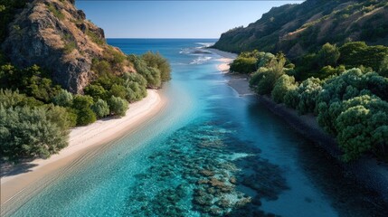 Fototapeta premium Drone Aerial View of a Tropical Lagoon Inlet Bordered by Lush Green Hillsides and Sandy Shores Under Bright Sunlight