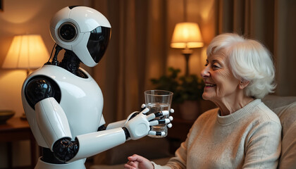 White robot offers water to smiling elderly woman in cozy home. Future tech assists seniors with daily tasks at home. Kindness and care for aged people.