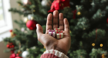 Offering festive cheer with miniature Christmas gifts held in an open palm against a decorated tree, perfect for holiday promotions and heartwarming moments