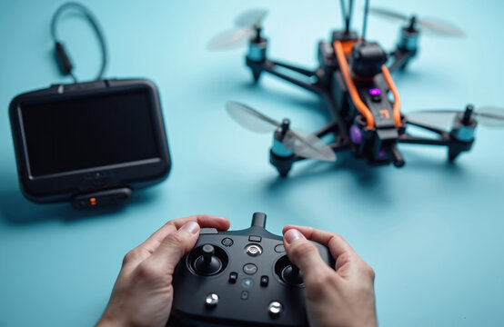 Hands hold remote controller and operate small drone with screen. Person pilots quadcopter FPV device, prepares for hobby flight, enjoys drone racing sport.