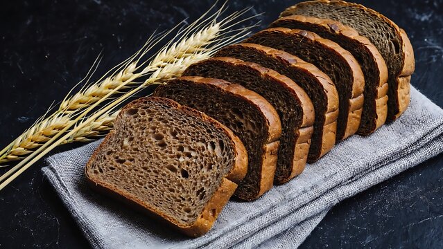 Freshly baked artisanal bread slices with wheat sprigs on a linen napkin, perfect for breakfast, brunch, or gourmet recipes