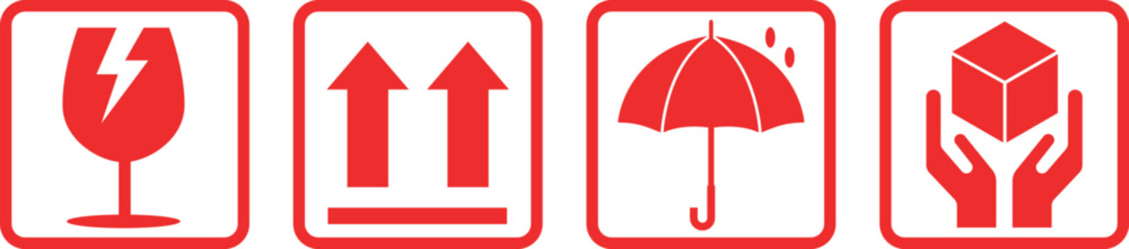 set of fragile package icons on transparent background. delivery shipping label. package, cargo warning, logistic and black icon. this way up, upwork, keep dry, handle with care icon with text 