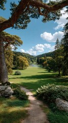 Obraz premium Serene Landscape of a Lush Green Meadow with Majestic Trees and a Distant Lake Under a Clear Blue Sky with Fluffy Clouds