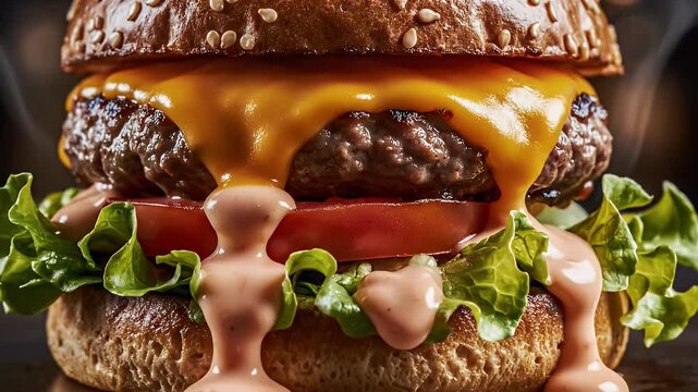 Close-up of a juicy hamburger with melted cheese, sesame bun, tomato, and sauce. Delicious fast food