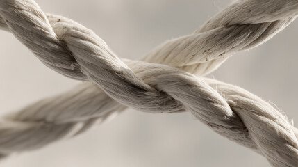 Abstract close-up of intertwined ropes symbolizing unity, with textured fibers under soft directional lighting.