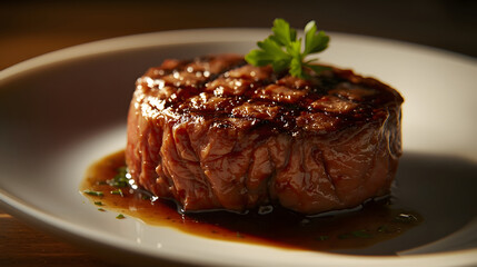 A beautifully cooked steak, garnished with parsley, sits on a white plate.