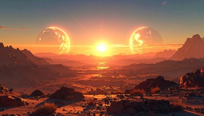 Celestial landscape presents a radiant sunset scene with two luminous planets set against a vibrant orange and yellow sky, casting warm light over a rugged mountain range and desolate terrain.