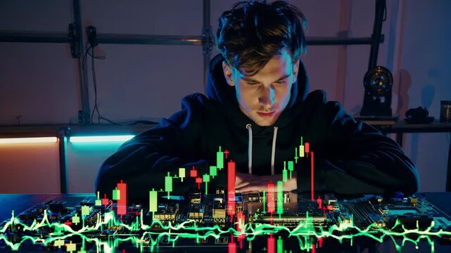 Young trader studies holographic chart. Investor examines candlestick pattern and stock trend. Trading session in neon lit garage with hologram display. Technology finance concept with analysis now.