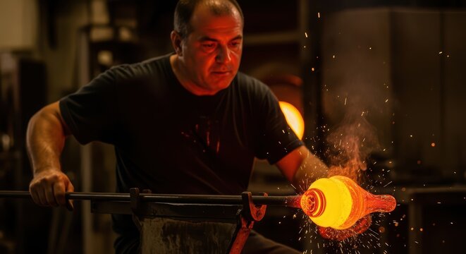 Mature caucasian male glassblower crafting molten glass in workshop