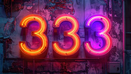 Illuminated neon sign displaying the number three three three, with vibrant orange, pink, and purple colors against a distressed brick wall background, creating a cool and eye-catching visual.