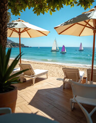 Sunny beach with lounge chairs under umbrellas. Sailboats on blue ocean water near sandy shore. Mountainous coastline visible afar. Clear sky brightens summer day.