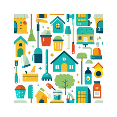 Fototapeta premium Collection of cleaning tools and houses in a flat design style isolated on white background