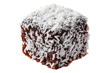 Chocolate-coated sponge lamington sponge cake covered in shredded coconut isolated on white transparent background, concept of Australia dessert snack