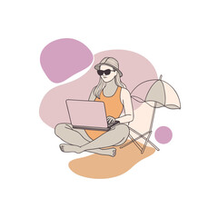Woman in swimsuit and hat working on laptop on beach chair with umbrella isolated on white background