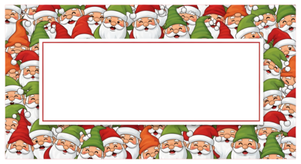 A festive christmas border illustration featuring a dense pattern of cheerful santa claus and gnome characters with red and green hats, surrounding a central blank white space for text isolated on tra