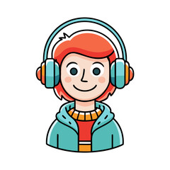 Stylized cartoon character with red hair wearing headphones and a teal jacket isolated on white background