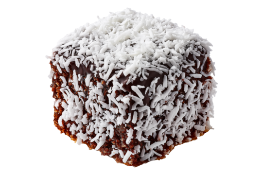 Chocolate-coated sponge lamington sponge cake covered in shredded coconut isolated on white transparent background, concept of Australia dessert snack