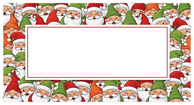A festive christmas border illustration featuring a dense pattern of cheerful santa claus and gnome characters with red and green hats, surrounding a central blank white space for text isolated on tra