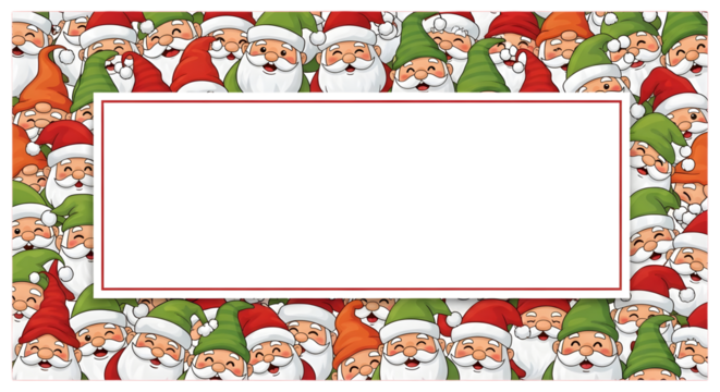 A festive christmas border illustration featuring a dense pattern of cheerful santa claus and gnome characters with red and green hats, surrounding a central blank white space for text isolated on tra