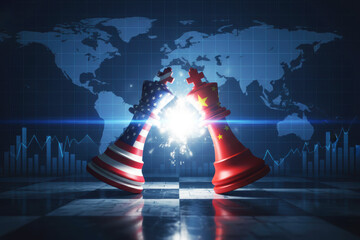 US-China Trade War: Chess Pieces with Flags Symbolizing Geopolitical Conflict