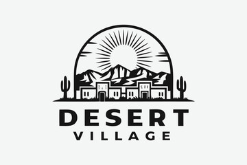 Sunburst illuminates a desert village silhouette nestled amidst cactus and mountains peacefully © Sonda