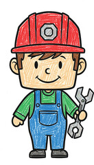 Cartoon Construction Worker Holding Wrench, Preparing for Repair Job on Building Site, Representing Skilled Trades and Engineering, Ideal for Children's Education Materials and Industry Promotion, Cut