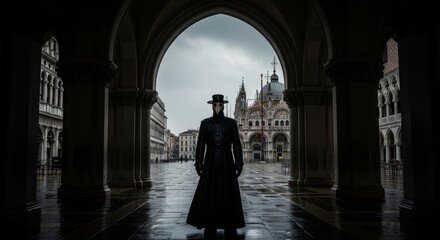 Naklejka premium Mysterious figure in dark attire standing in rainy european architectural archway