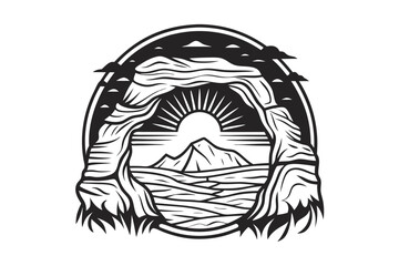 Sunlight illuminates the mountain landscape seen through stone arch against the oval background