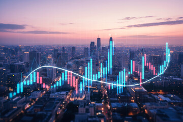 Global Finance and City Economy: Stock Market Chart over Evening Urban Aerial View