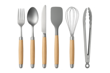 Set of six stainless steel utensils with light wood handles: fork, spoon, knife, spatula, whisk, and locking tongs